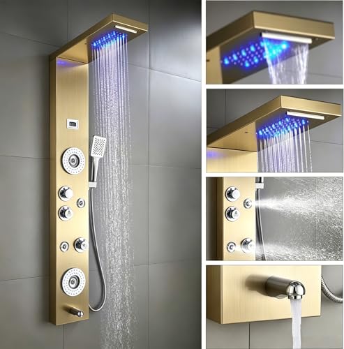 Image of ELLO&ALLO Stainless Steel Shower Panel Tower System,LED Rainfall Waterfall Shower Head 6-Function Faucet Rain Massage System with Body Jets, Brushed Gold