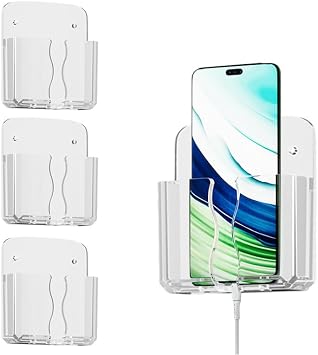 3pcs Wall Phone Holder Self Adhesive Plastic Stand Clear Cell Phone Holder with Charging Hole Cell Phone Cradle Bedside Organizer for Home Office Bathroom