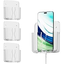3pcs Wall Phone Holder Self Adhesive Plastic Stand Clear Cell Phone Holder with Charging Hole Cell Phone Cradle Bedside Organizer for Home Office Bathroom