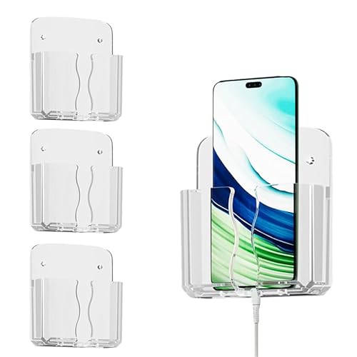 XVYLFZNP 3pcs Wall Phone Holder Self Adhesive Plastic Stand Clear Cell Phone Holder with Charging Hole Cell Phone Cradle Bedside Organizer for Home Office Bathroom