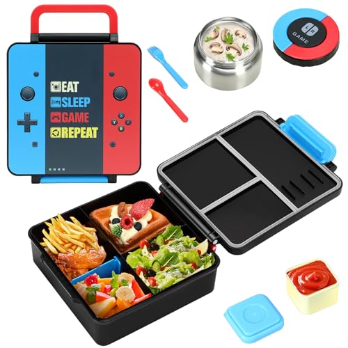 Image of Bento Lunch Box for boys,60 OZ Insulated Bento Lunch Box with 8OZ Leakproof Leak Proof Thermos Food Jar, 3-4 Compartments Bento Box for School, BPA-Free Dishwasher Safe (Red Blue-Game)