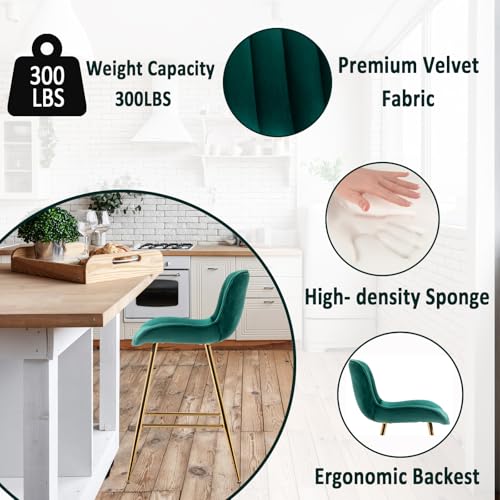 Image of Sidanli Counter Height Bar Stools Set of 2, Modern Velvet Barstools with Back, 24 inch Seat Height Comfortable Island Stools with Gold Legs, Green