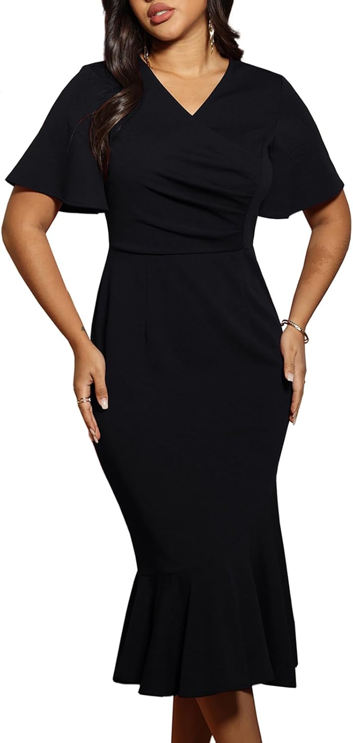 Women's Ruched Mermaid Bodycon Midi Dress - Summer Modest Short Sleeve Elegant Wedding Guest Cocktail Dresses Black Large