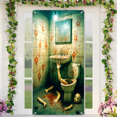 BlissYard Halloween Door Cover 71x35 Inch Front Porch Door Banner Decoration Spooky Haunted Bathroom Bloody Handprint Design for Sign Background Halloween Party Indoor Decor