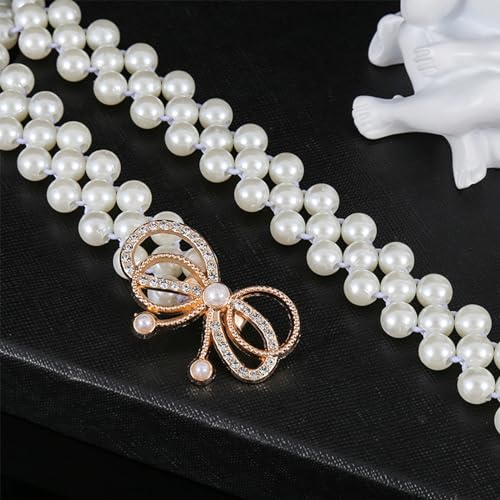 auwiyd Elegant Rhinestone Pearl Elastic Waistband Luxury Bow Belt Dress Crystal Waist Strap Pearl Waistband for Women and Girls Fashion Bow Dress Belt Skirt Clothing Decoration 2 PCS, White4