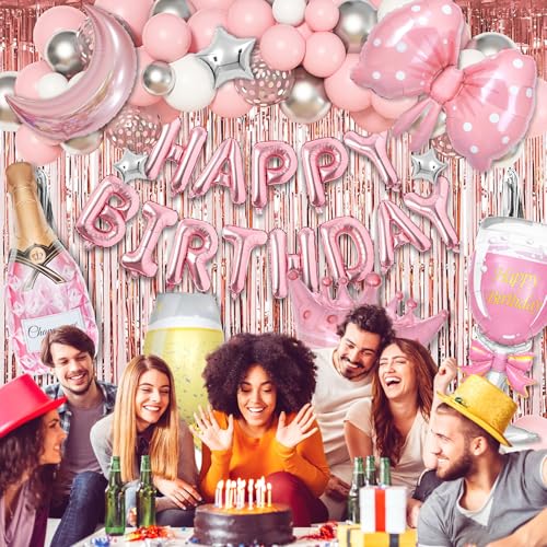 Ouddy Life Pink Happy Birthday Party Decorations for Women Girls, Pink Happy Birthday Love Crown Bow Bottle Lipstick Balloons Fringe Curtain for Princess Birthday Wedding Baby Shower Party Supplies