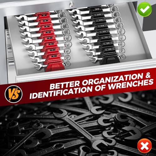 Image of PINOZE 48PCS Magnetic Modular Wrench Organizers for Tool Drawers - Black & Red - Wrench Rack with Metric & SAE Labels, Customizable Magnet Tool Storage Holder for Tool Box Organization