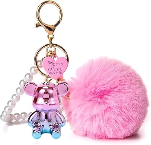 Pom Pom Schlüsselanhänger Kunstfell flauschiger Schlüsselanhänger+3D Bär,Plüsch Schlüssel anhänger Pom-Pom-Taschen-Anhänger für Winter Handtasche Anhänger,für die Liebenden, Freundschaft,Valentinstag