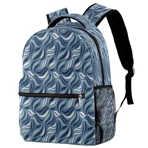 Sac à dos d'école bleu à motif feuilles ondulées pour ados et enfants 29x20x40cm