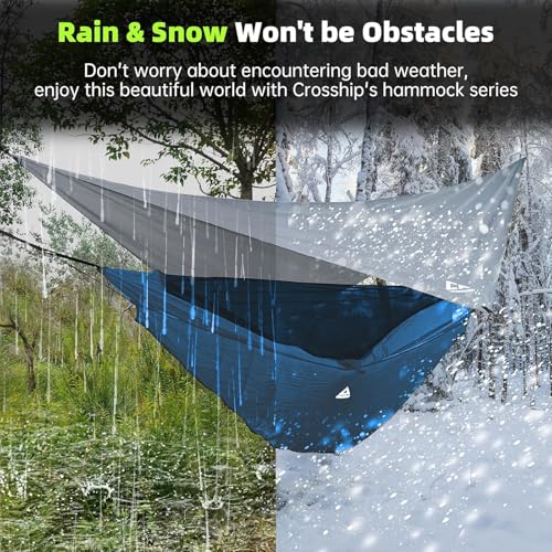 Image of Camping Hammock with Mosquito Net, Underquilt & Rain Fly Tarp - 2 Person Portable Hammock Set for Hiking, Backpacking, Travel, Backyard, Beach - Holds Up to 500lbs (Blue)
