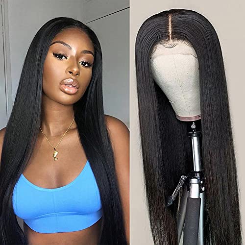 MatchU Hair Straight Lace Front Wigs Human Hair Glueless Lace Closure Wig Human Hair Wigs for Black Women Brazilian Hair Pre Plucked with Baby Hair 150% Density Natural Black(18 inch Straight Wig)