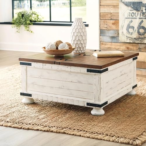 Signature Design by Ashley Wystfield Farmhouse Square Storage Coffee Table with Hinged Lift Top, Distressed White