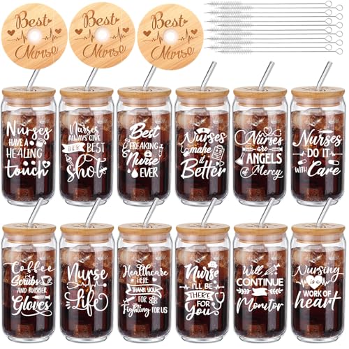 Tioncy 12 Set Nurses Week Appreciation Gifts Bulk for Women 16oz Glass Cups with Bamboo Lids and Straws Brushes Nurse Assistant Rn Gifts Coffee Cup for Work Graduation School Lab Week Supplies
