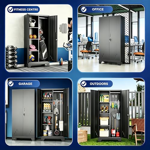 Image of Broom Closet Storage Cabinet, 61 inch H Metal Storage Cabinet with Locking Doors and Pegboard, Utility Closet for Garage, Laundry Room, Living Room, Home Office