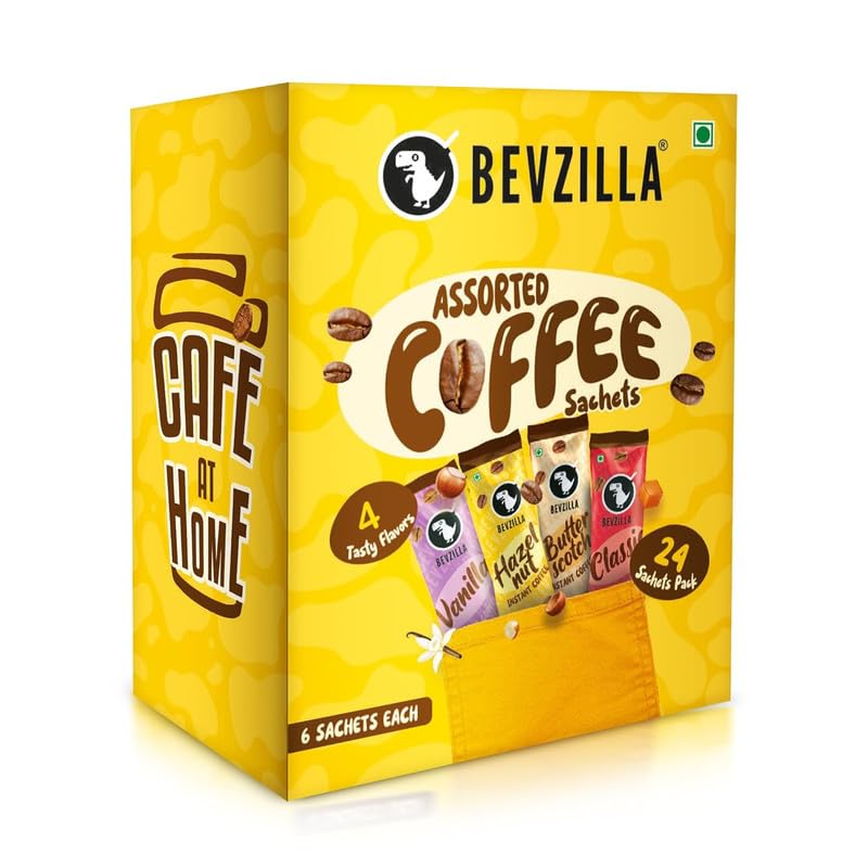 Image of Bevzilla 24 Assorted Instant Coffee Sachets | 24x2Gm Pouches | Arabica Coffee | 4 Flavours: Butterscotch, Classic, Vanilla, Hazelnut | Perfact for Espresso, Latte & Cappucino (Pack of 6)
