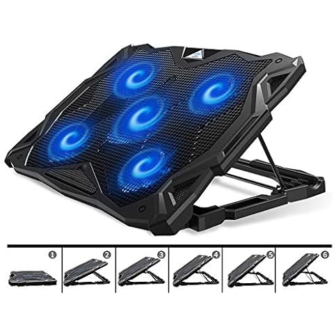 Pccooler Laptop-Kühlpad, tragbarer Laptop-Ständer mit 6 verstellbaren Winkeln und 5 leisen blauen LED-Lüftern für Cover