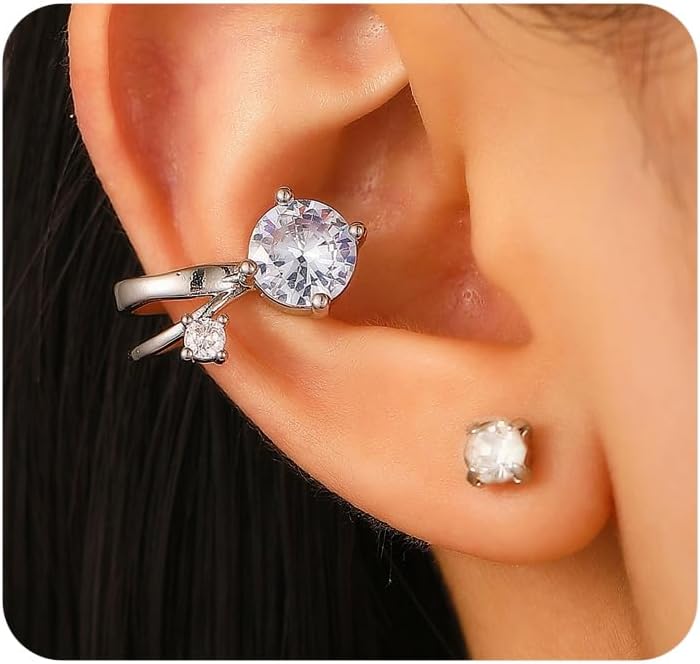 2Pcs Silver Ear Cuff Earrings for Women Non Piercing Cubic Zirconia Clip on Earrings Piercing Hypoallergenic Rhinestone Stud Earring Jewelry Gifts