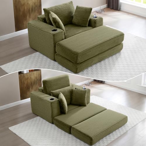 Image of HANXIN 62 inch Chaise Lounge Chair Indoor, Oversized Corduroy Boneless Convertible Chaise Lounge Couch Sleeper Chair with Ottoman, Deep Seat Reading Chair, No Assembly Required (Green)