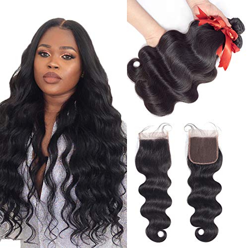 Brazilian Human Hair Body Wave 3 Bundles with Closure (20 22 24 + 20 Inch), Ladoux 7A Remy Human Hair Bundels with Lace Closure Free Part Natural Black Body-Wave-Bundles-with-Closure