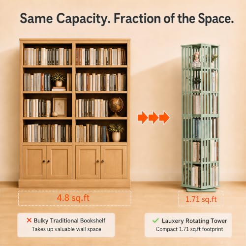 Image of Lauxery 6-Tier Bamboo Rotating Bookshelf Tower, Green, 74.8 in | 1200 Lbs Capacity, Freestanding, Small Footprint, 360 Degree Rotation, Dual Shelf Heights, For Living Room, Study Room,Corner