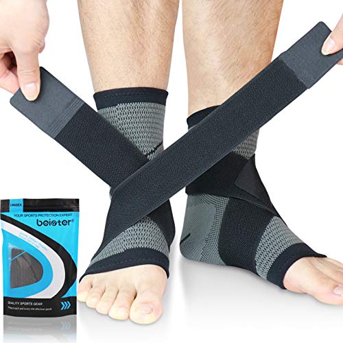 Beister 1 Pair Ankle Brace Compression Support Sleeve for Women and Men, Elastic Sprain Plantar Fasciitis Foot Socks for Injury Recovery, Joint Pain, Achilles Tendon, Heel Spurs, Gray & Black, Large