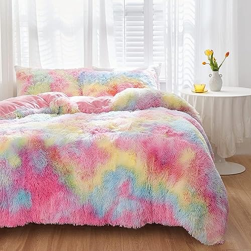 DXHOME Ropa de cama de invierno cálida de 135 x 200 cm, mullida felpa multicolor, funda de edredón de franela con tacto de cachemira, 2 piezas, para niños, niñas, cama individual con cremallera y