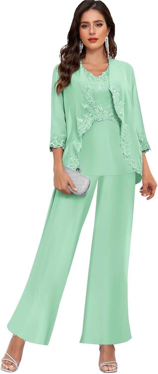 Mother of The Bride Pant Suits for Wedding 3/4 Sleeve - Chiffon Lace Beaded Grandmother of The Groom Dresses with Jacket