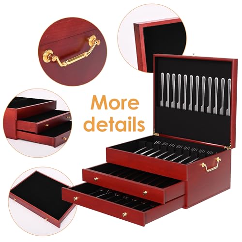 foriy Silverware Storage Box Three-Layer Wooden Silverware Chest 15x11in Flatware Storage Case with Handle and Felt Lined to Store Sterling Silver Ware Cutlery Sets for Home Restaurant - Thumbnail 3