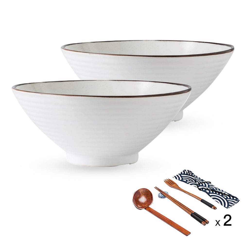 Genérico Tazón de Porcelana para Sopa de Fideos Ramen con Palillos y cucharas, 2 tazones japoneses Grandes de 800 ml para Pasta Udon Pho y ensaladas, tazones para Cereales y Fideos.