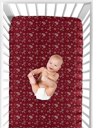 Image of Sweet Jojo Designs Fitted Baby Crib Sheets (Bandana Print) for Boys or Girls, Infant Nursery, Toddler Room - Standard Size (Red Paisley, for the Western, Cowboy, South, Country, Wild West Collection)