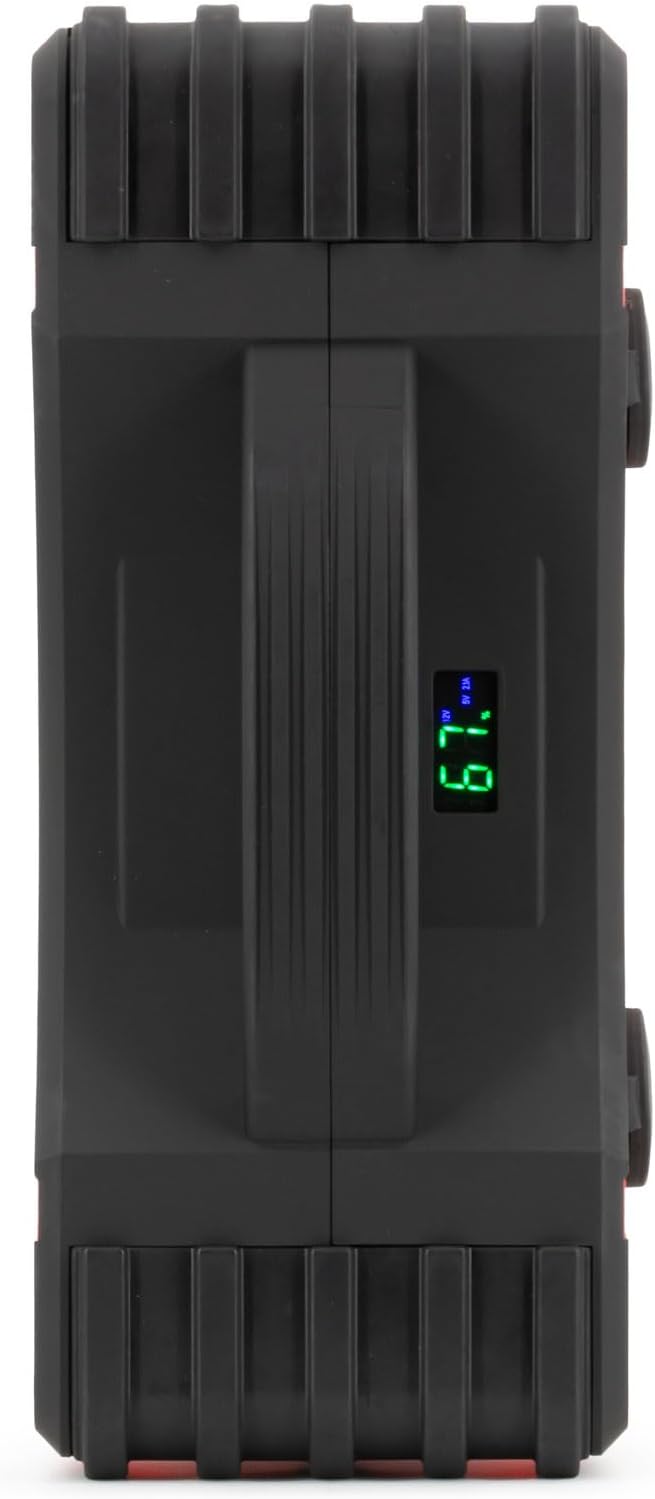 Šoninė view of the GYS Nomad Power Pro 24 XL showing the LCD display indicating battery status.