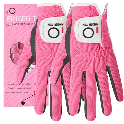FINGER TEN Golf Gloves Women Rain Grip 2 Pack (Rose&Black-2 Pack Left, S)