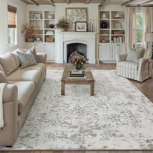 8x10 Fluffy Area Rug Grey Shag Neutral Carpet for Living Room Soft Medium Pile Floral Large Rug for Bedroom Dorm Office Dining Room Kitchen Nursery Mo