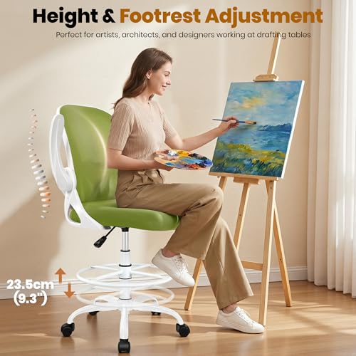 Image of Primy Drafting Chair Tall Office Chair with Flip-up Armrests Executive Ergonomic Computer Standing Desk Chair with Lumbar Support and Adjustable Footrest Ring (AvocadoGreen)