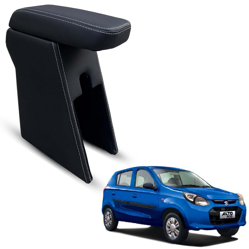 Image of Carigiri Premium Finish Car Armrest with Storage Box And High Density Moulded Foam For Maruti Suzuki Alto 800 (All Models) (White Seam,Nappa Leatherette)