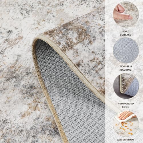 5ft Round Area Rug Living Room Rugs - 5x5 Washable Neutral Modern Abstract Soft Thin Rug Indoor Floor No Slip Rug Carpet for Bedroom Under Dining Table Home Office Decor - Brown Grey