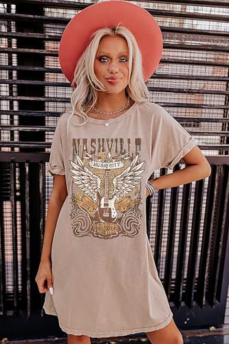 Image of Vintage Rock Country Music Dress for Women Rock Concert Band Graphic Tshirt Casual Letter Print Short Dress