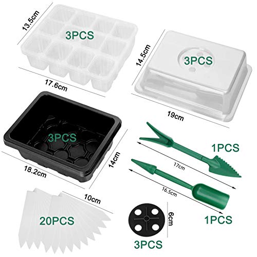 Zimmergewächshaus Anzuchtkasten,3 Stück 36 Zellen,Mini Gewächshaus Anzucht Set,Anzuchtschale mit Decke,Treibhaus Kunststoff Anzuchtschalenl,mit 2 Gartengeräte Klein + 20 Pflanzenetiketten