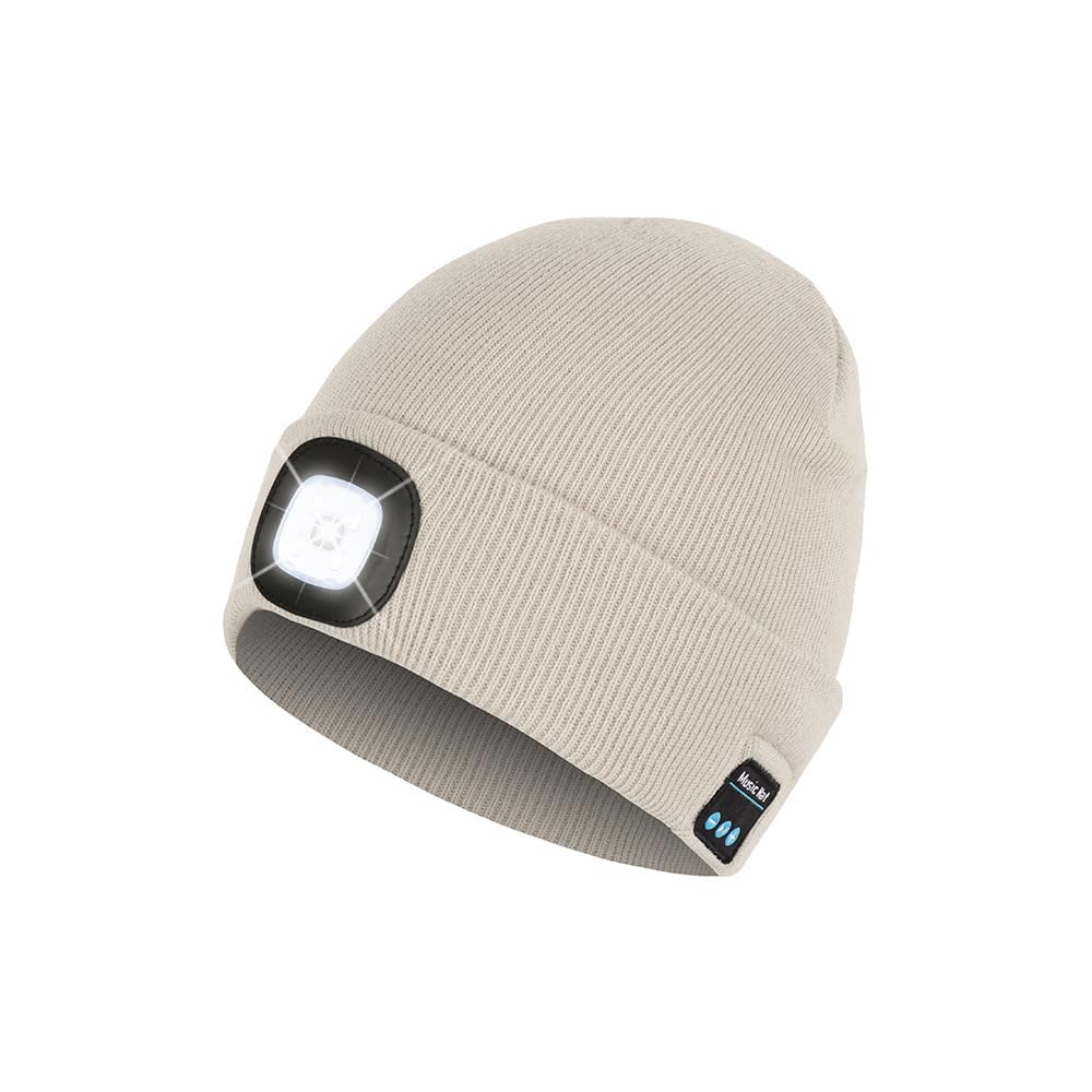 Bluetooth Beanie Hat with Light, Headlamp Cap with Headphones and Built-in Speaker Mic, Gifts for Men Women Teen, Beige, One size