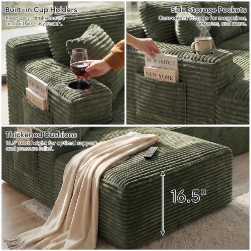 Image of 133 inch Oversized Cloud Boneless Sofa Couch with Chaise, Modern Corduroy U Shaped Modular Sectional Sofa with Deep Seat, Comfy Couch with Cupholders and Storage, No Assembly Required-Green