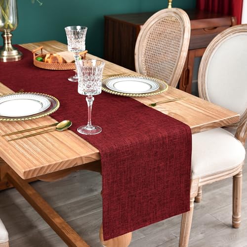 Farmhouse Rustic Faux Linen Table Runner Neutral Burgundy Table Runners Double Layer Reversible Rectangle Runners for Daily Use Kitchen Dining Banquet Holiday 13x60 Inch