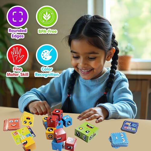 Image of Kidology Emoji Cube Face Change Game for Kids Age 3+ Years, Learning Educational Emotion Change Blocks, Cute Expression Puzzles and Interesting Gift for Boys & Girls | 16 Cubes and 72 Design Cards