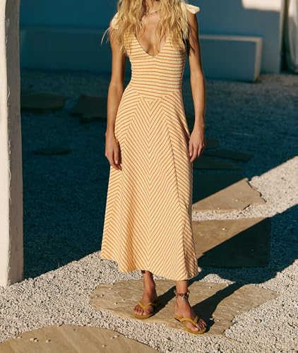 Image of Women Casual Summer Dresses Smocked V Neck Beach Dress Striped Sleeveless Sundress Flowy Long Dress with Pockets Yellow