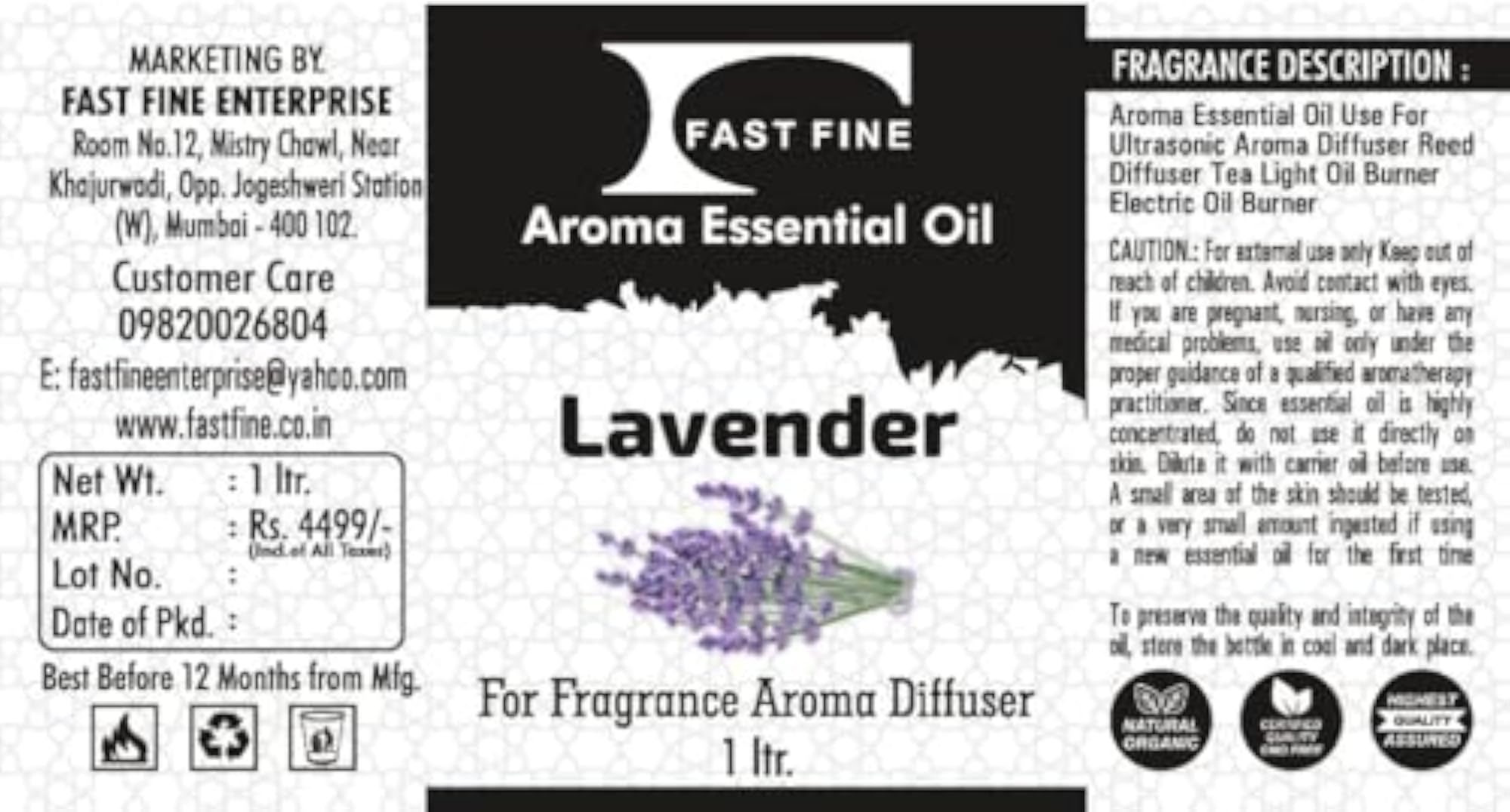 Fast Fine Diffuser Essential Aroma (Lavender, 1Ltr)