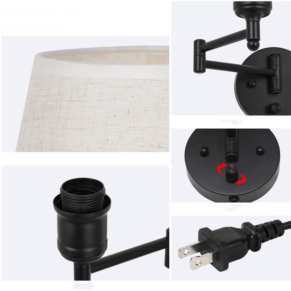 Langer Arm Wandlampe mit Schalter und Kabel Verstellbare Wandleuchte Schalter Dimmbar Wandleuchten Stoffs Lampenschirm Leinen Wand Leselampe Schwenkarm Schwarz für Wohnzimmer Schlafzimmer