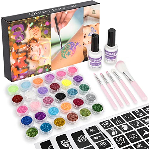 Glitzer Tattoo Kit für Kinder und Mädchen - 30 Farben Glitzer Tattoo Kit, 24 glitzernde und 6 fluoreszierende Glitzer, 105 Tattoo Schablonen, 2 Körperkleber, 5 Pinsel für Party Favor Halloween Cover
