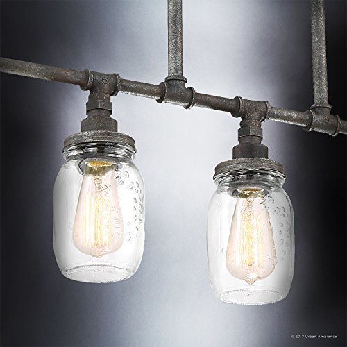 Urban-Ambiance-Luxury-Industrial-Chandelier-Large-Size-1925-H-x-38-W-with-Provencial-Style-Elements-Aged-Pipe-Linear-Design-Antique-Black-Finish-and-Mason-Jar-with-Floral-Pattern-UQL2664 Urban Ambiance Luxury Industrial Chandelier Large Size 1925 H x 38 W with Provencial Style Elements Aged Pipe Linear Design Antique Black Finish and Mason Jar with Floral Pattern UQL2664