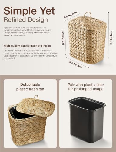 Image of Tidita 1.5 Gallon Wicker Wastebasket with Lid, Woven from Water Hyacinth | Hyacinth Construction, Woven Design, Removable Plastic Liner Included, Removable Lid, Iron Frame, Odor Proof, Versatile Use