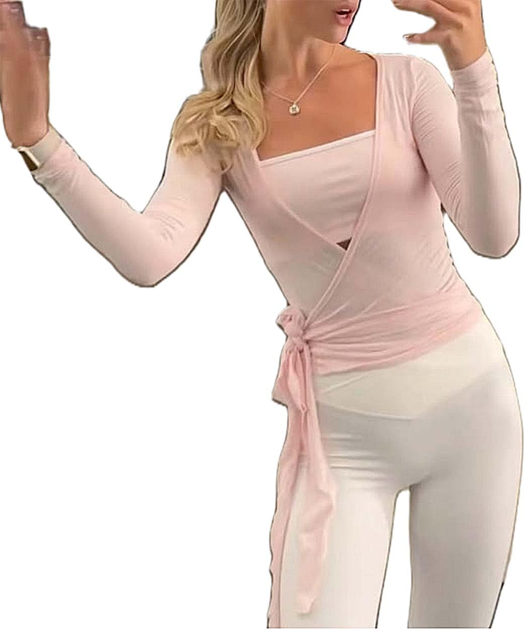 Women Y2k Long Sleeve Wrap Crop Top Ballet Pilates Workout Yoga Tie Front Shirts V Neck Slim Fit Wrap Corset Tops