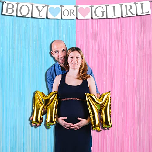 Image of 4 Pack Macaron Pink Blue Foil Fringe Curtain Backdrop, 3.28Ft x 8.2Ft Metallic Tinsel Foil Fringe Streamers for Photo Booth, Wedding Gender Reveal Backdrop Boy or Girl Birthday Party Decoration